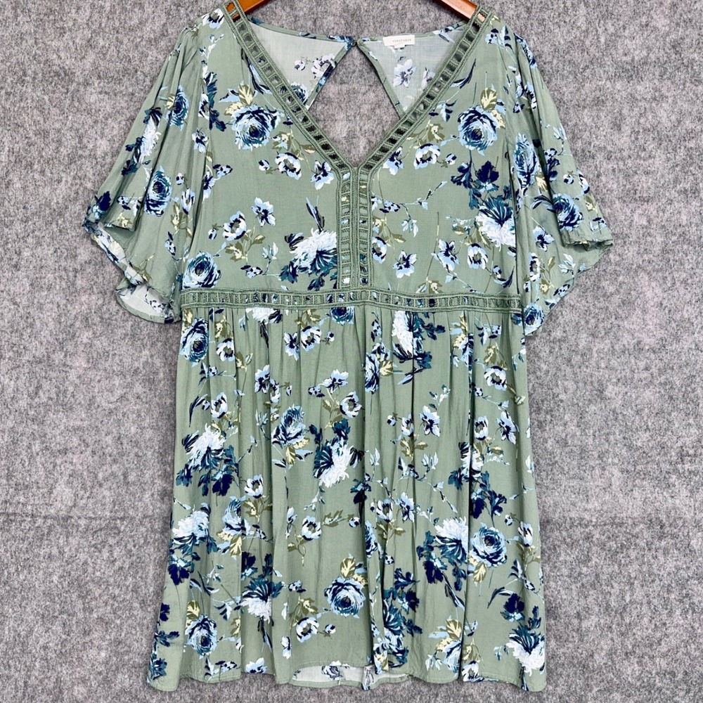Eyeshadow‎ Plus Mini Dress Women's 1X Green Blue Floral V Neck Flutter Sleeve